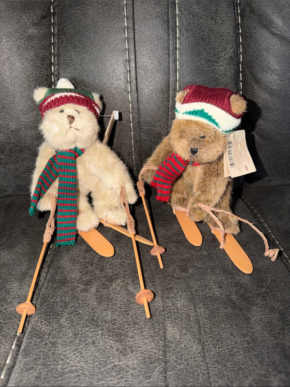 Russ Brown and Cream Skiing Bears Posable with Red and Green Hats